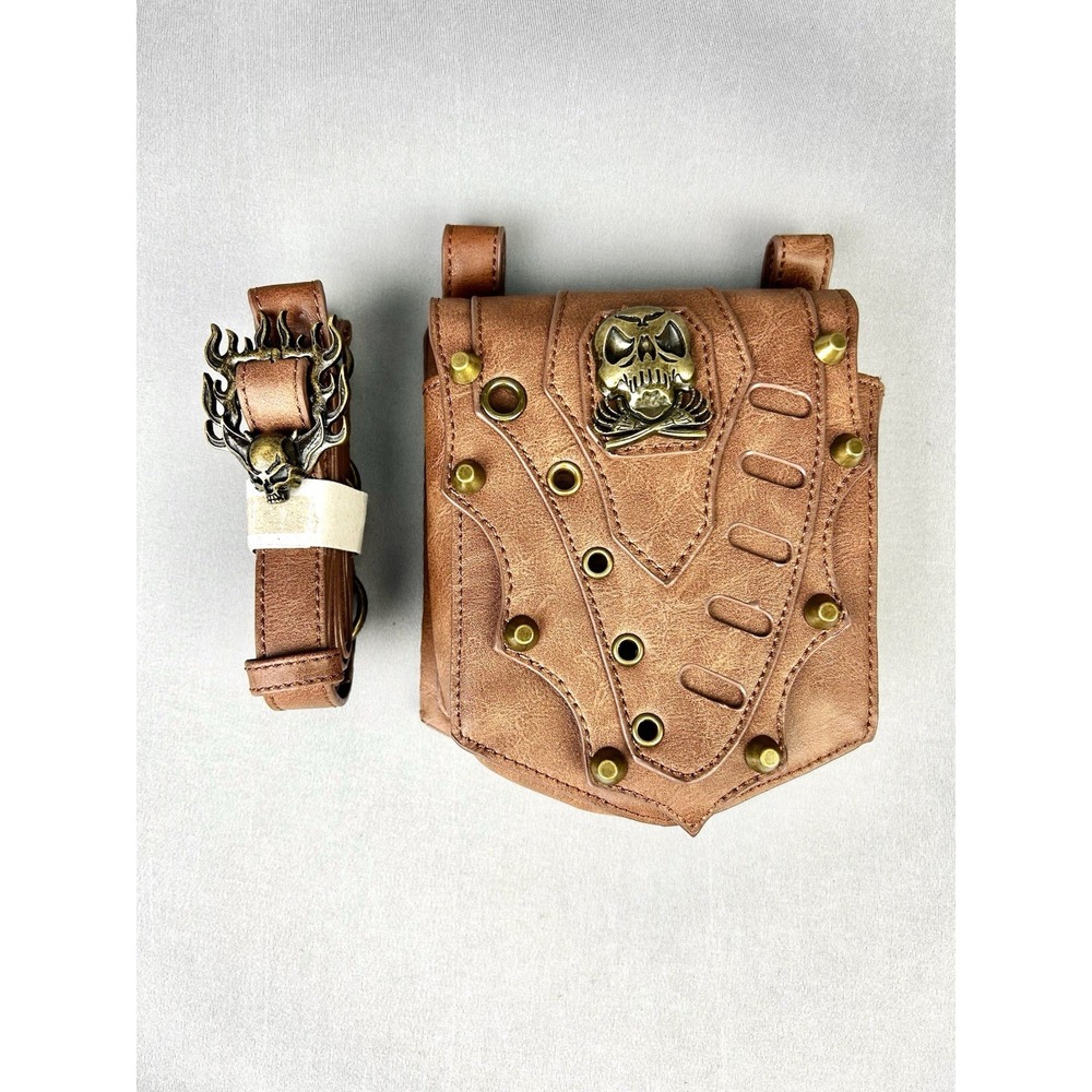 Steampunk Skull Holster Style Belt‎ Bag Brown Faux Leather NEW (Read)